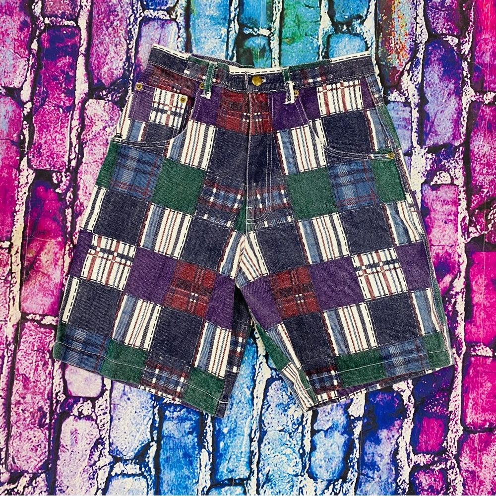 Rare Vintage 1990s No Boundaries Denim Patchwork Shorts, size 5 waist 24.5”